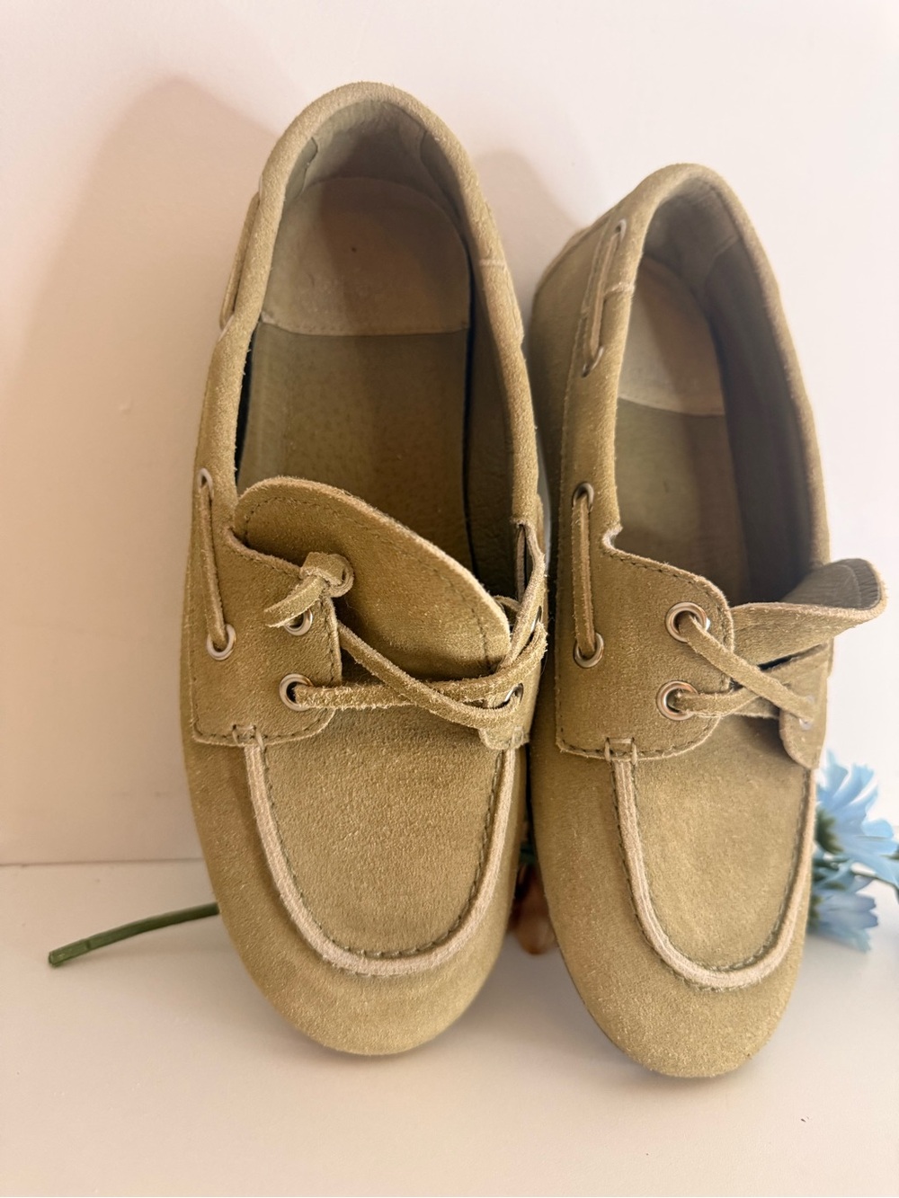Free People Suede Lace-Front Moccasin Loafers in Olive Tan